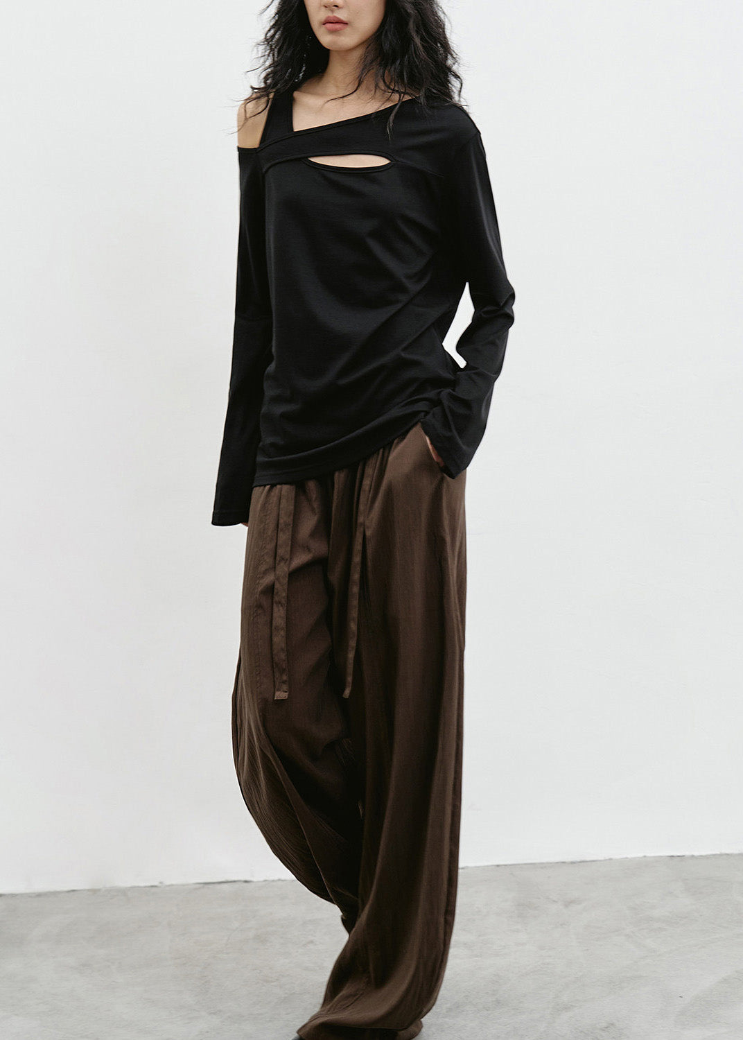 Black Cold Shoulder Patchwork Cotton T Shirt