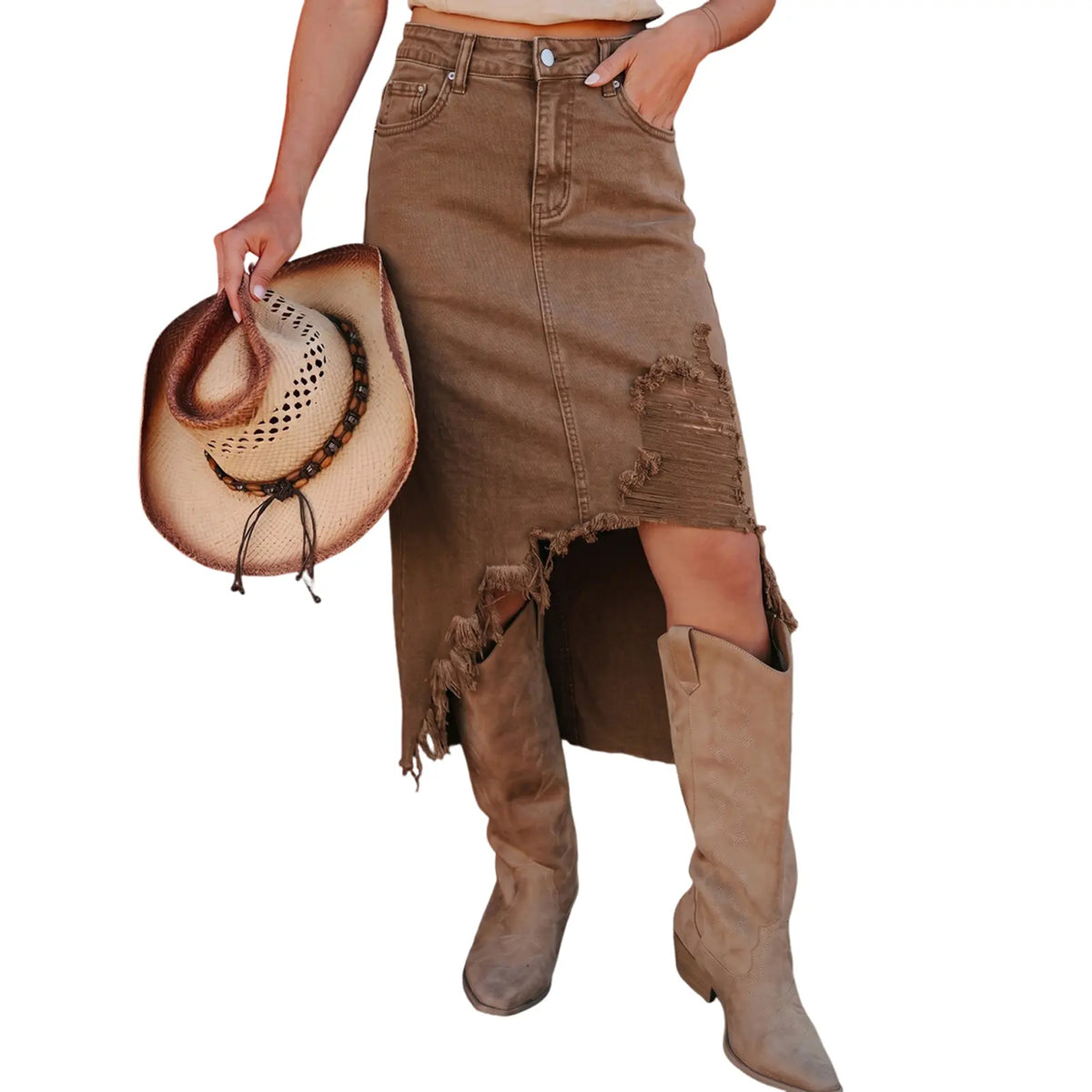 Western Asymmetrical Ripped Denim Midi Skirt with Pocket Women High‑low Distressed Irregular Raw Frayed Hem Casual Destroyed Cowgirl Jean Skirts Bottoms Clothes for Back To School Fashion Fall Pick