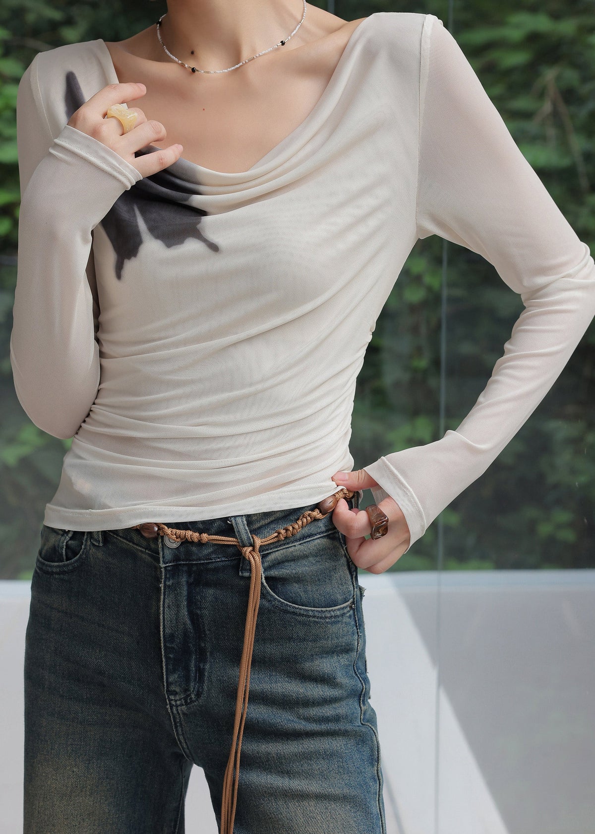 Beige Print Long Sleeved T-Shirt