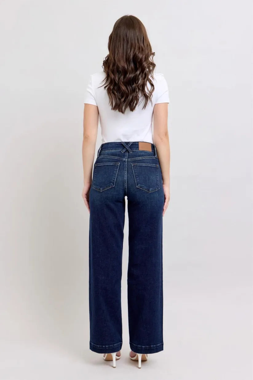 High-Waist-Jeans mit Doppelknopf und weitem Bein