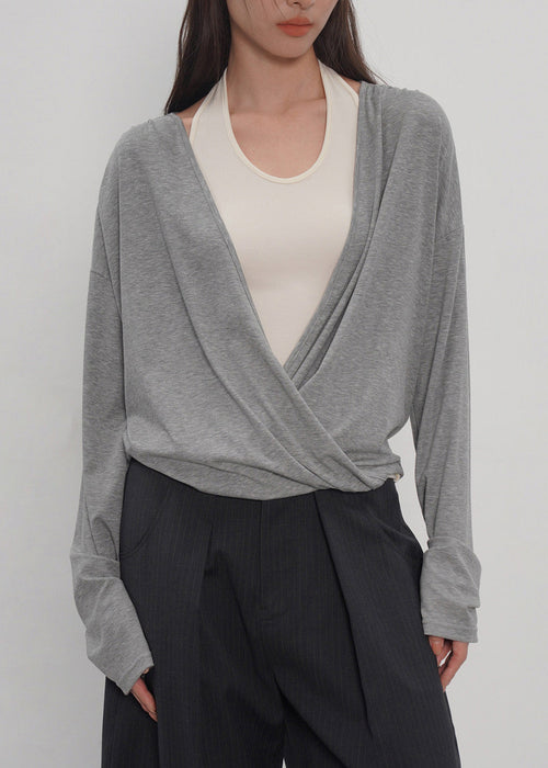 2026 Grey -Piece Spliced Neck Hanging Long Sleeved T-Shirt