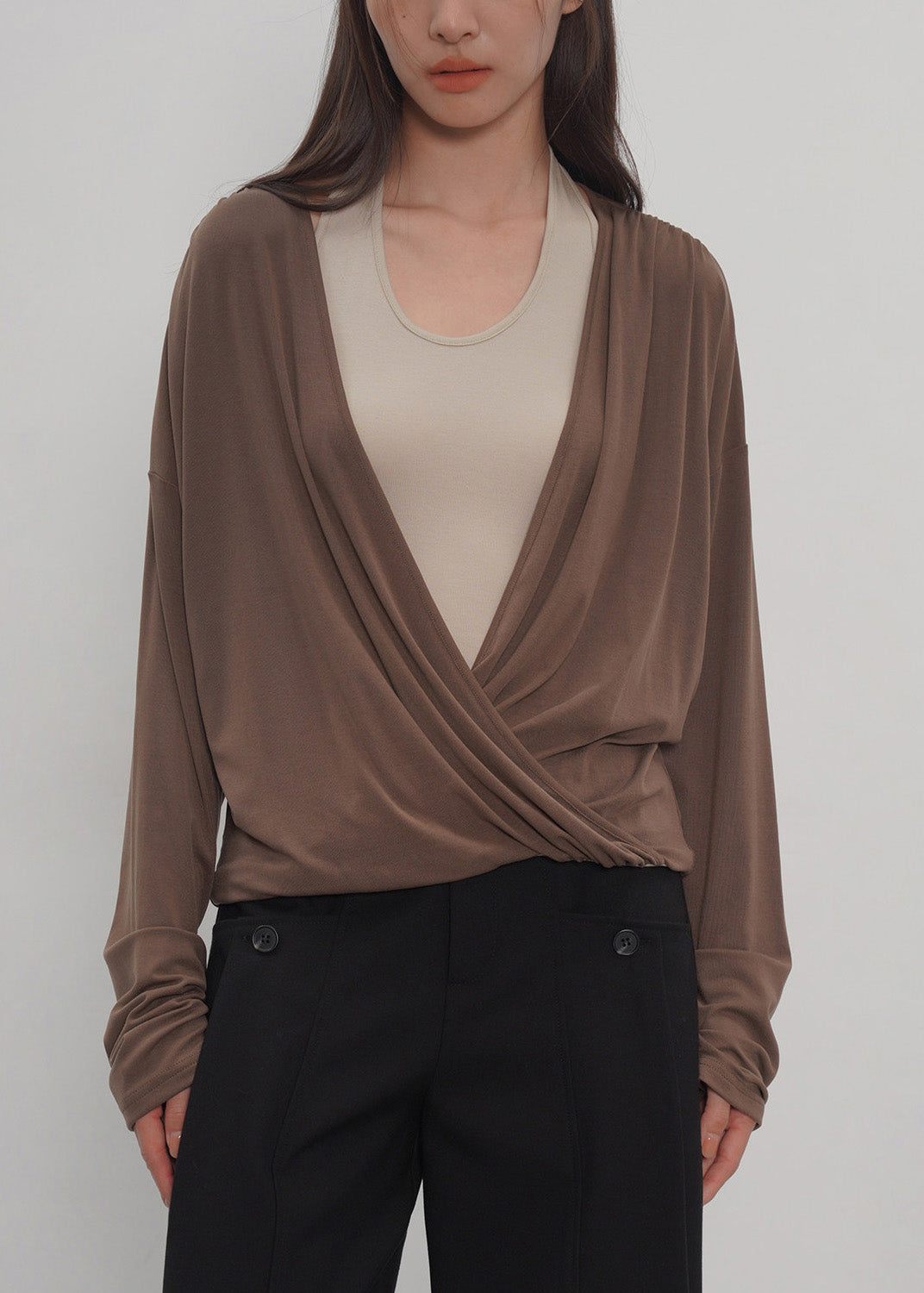 2026 Grey -Piece Spliced Neck Hanging Long Sleeved T-Shirt