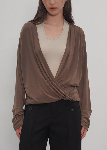 2026 Grey -Piece Spliced Neck Hanging Long Sleeved T-Shirt