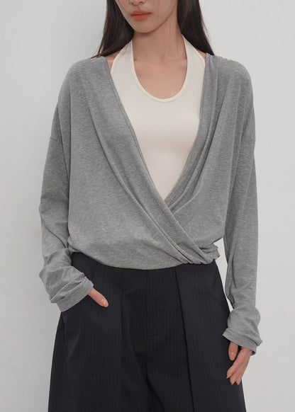 2026 Grey -Piece Spliced Neck Hanging Long Sleeved T-Shirt
