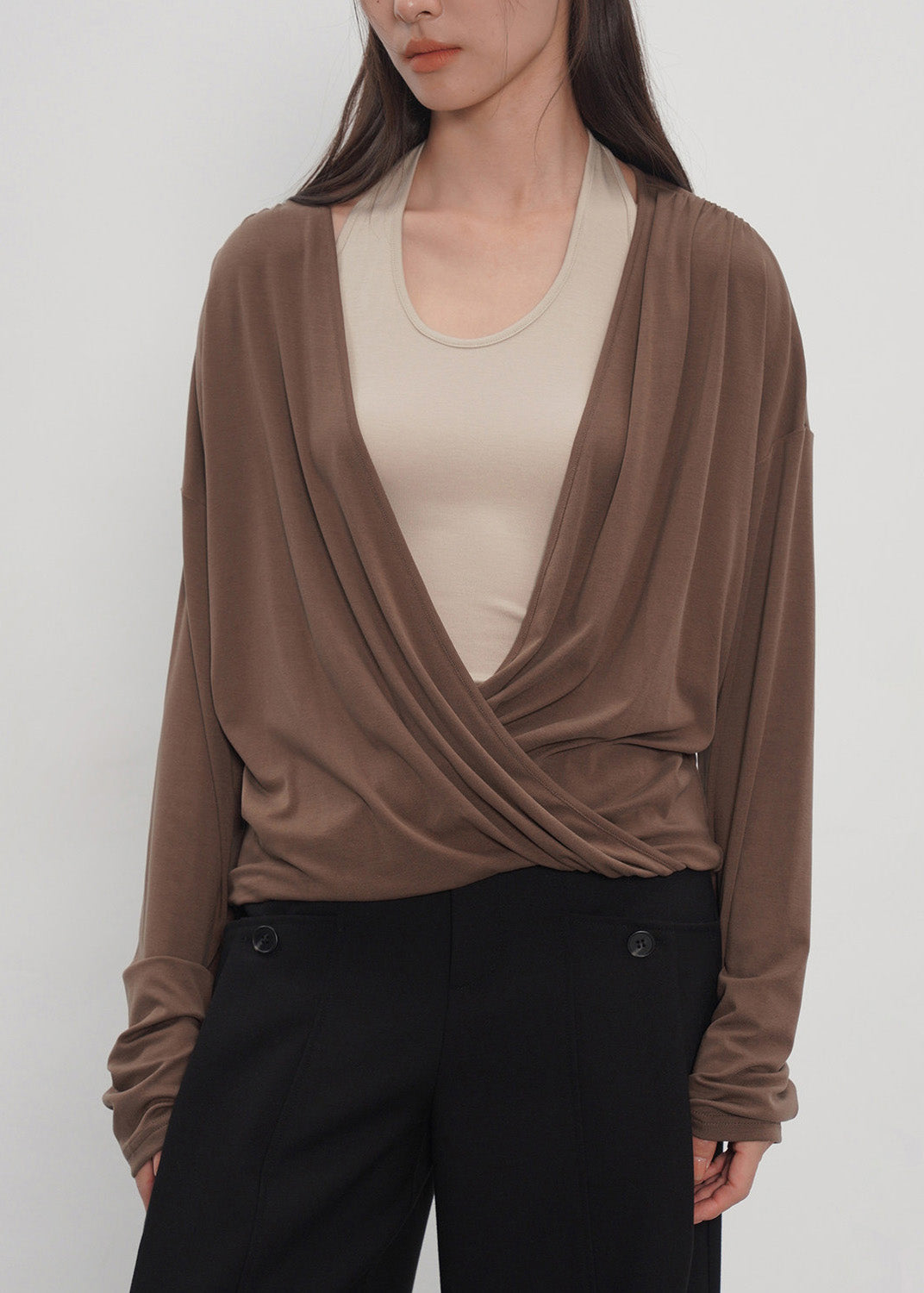 2026 Grey -Piece Spliced Neck Hanging Long Sleeved T-Shirt