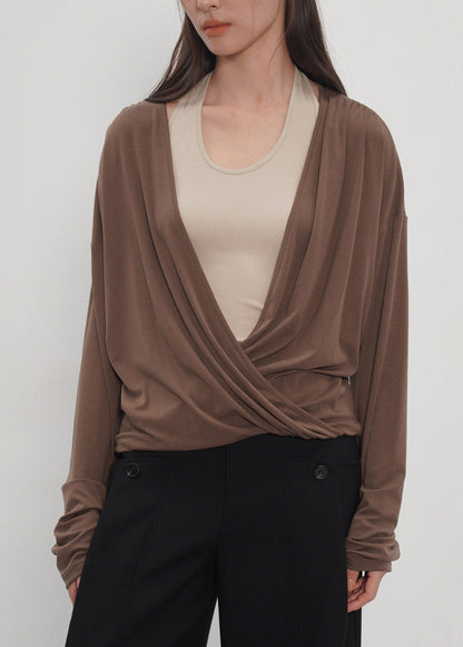 2026 Grey -Piece Spliced Neck Hanging Long Sleeved T-Shirt