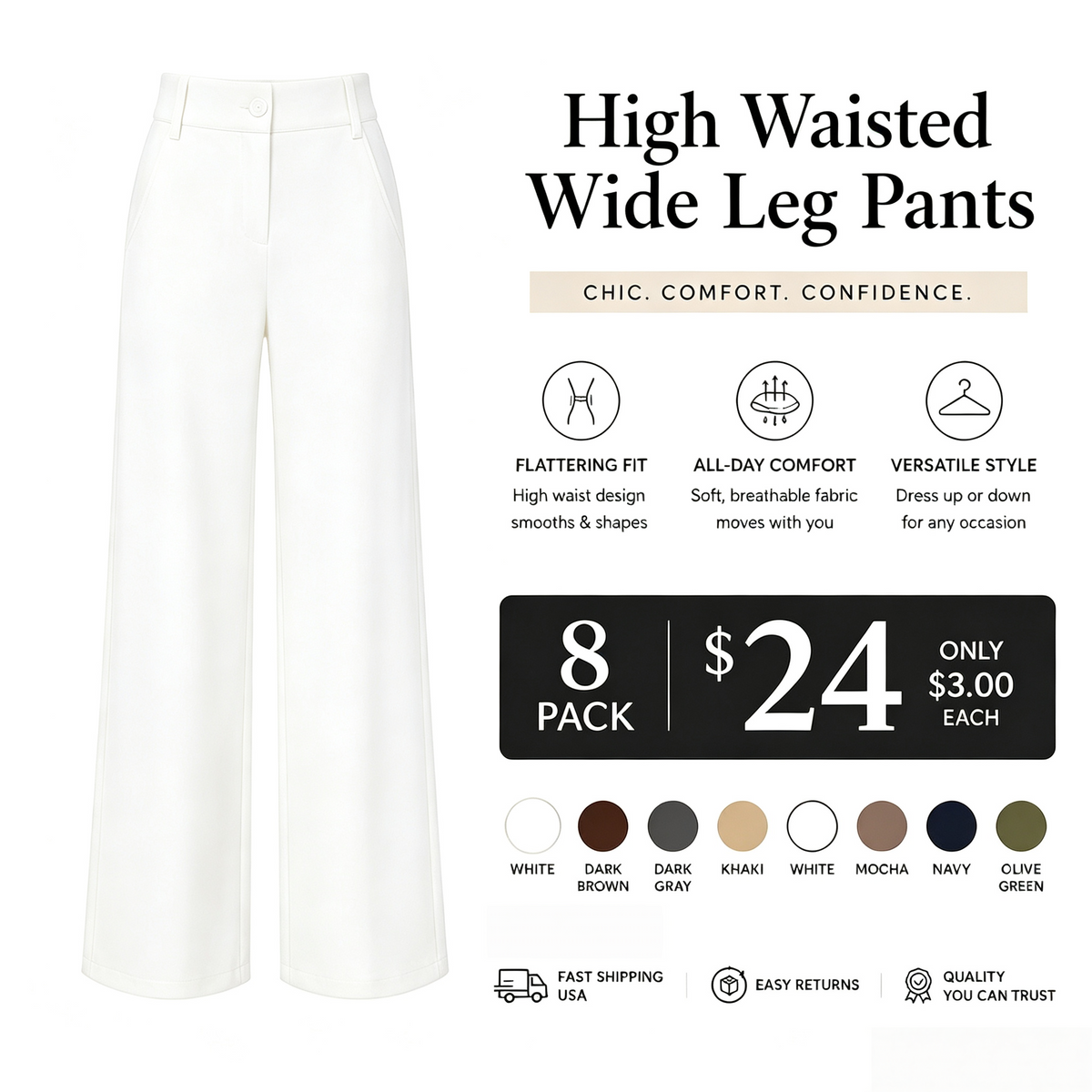 Women's High Waist Business Casual Pants - Loose Fit Work Trousers with Pockets