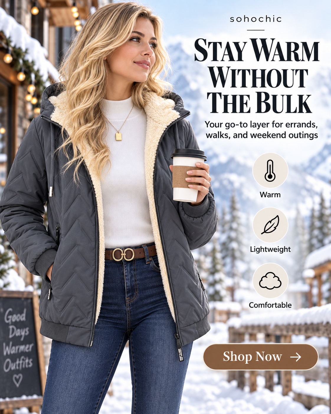Women’s Winter Fleece-Lined Hooded Jacket – Warm Lightweight Windproof Casual Coat for Outdoor & Everyday Wear