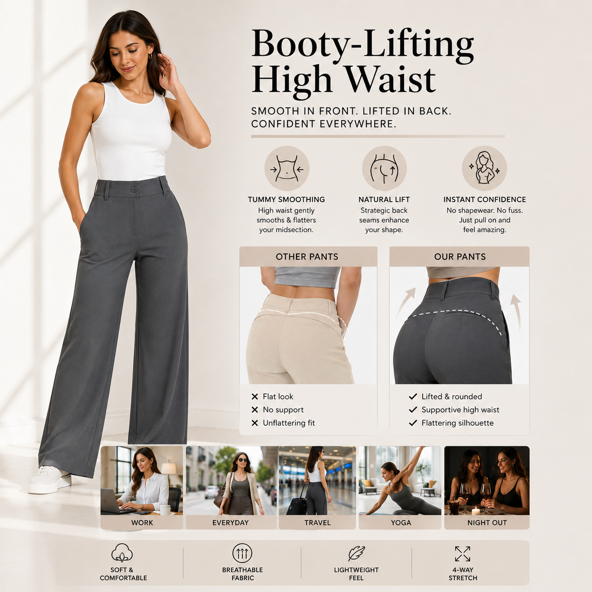 Women's High Waist Business Casual Pants - Loose Fit Work Trousers with Pockets