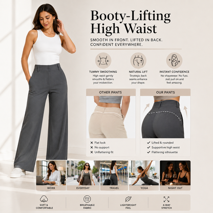 Women's High Waist Business Casual Pants - Loose Fit Work Trousers with Pockets