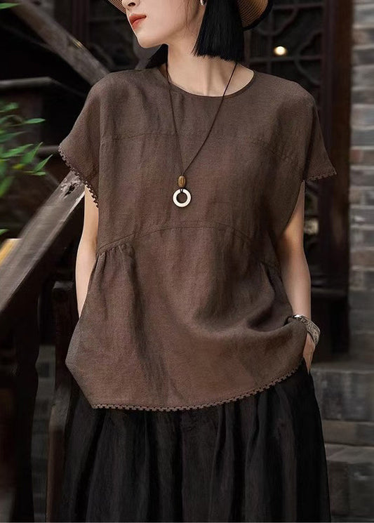 Art Brown Oversized Patchwork Wrinkled Linen Tank