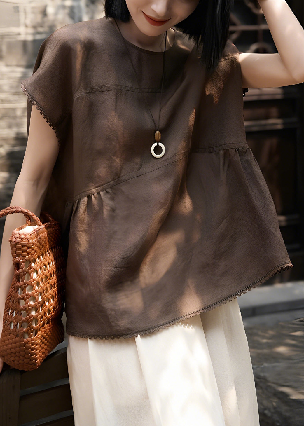 Art Brown Oversized Patchwork Wrinkled Linen Tank