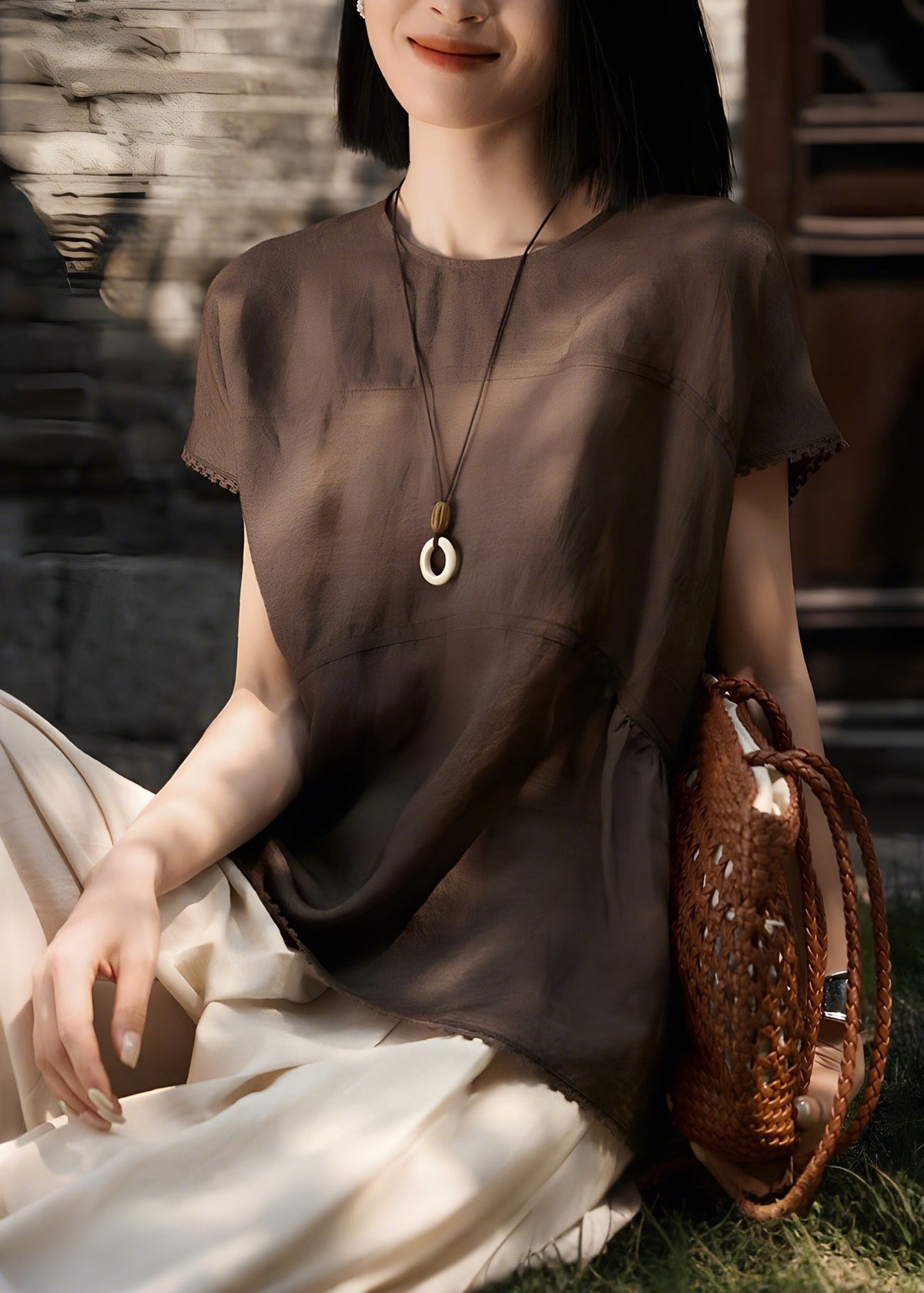 Art Brown Oversized Patchwork Wrinkled Linen Tank