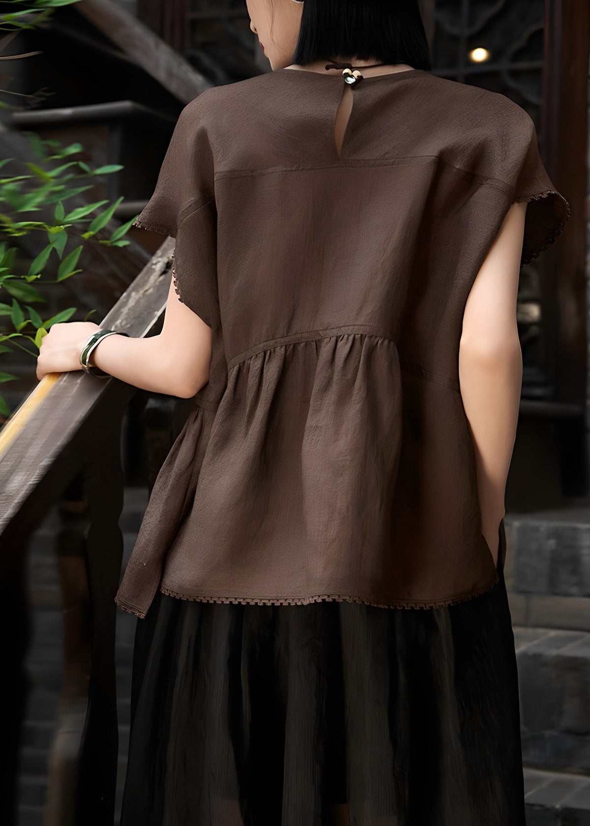 Art Brown Oversized Patchwork Wrinkled Linen Tank
