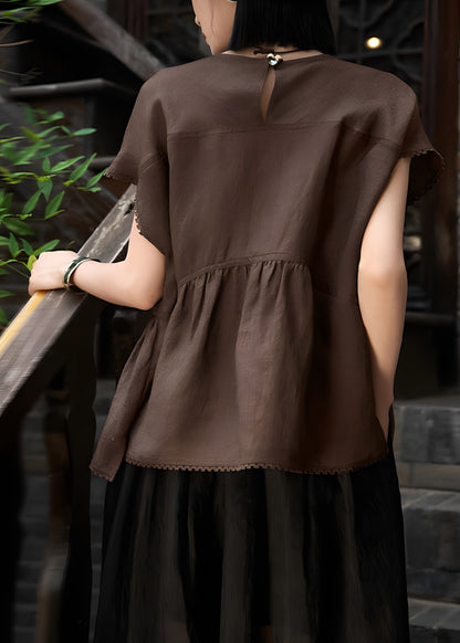 Art Brown Oversized Patchwork Wrinkled Linen Tank