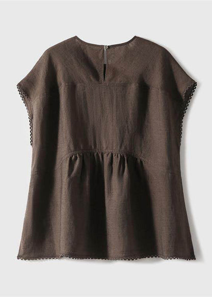 Art Brown Oversized Patchwork Wrinkled Linen Tank
