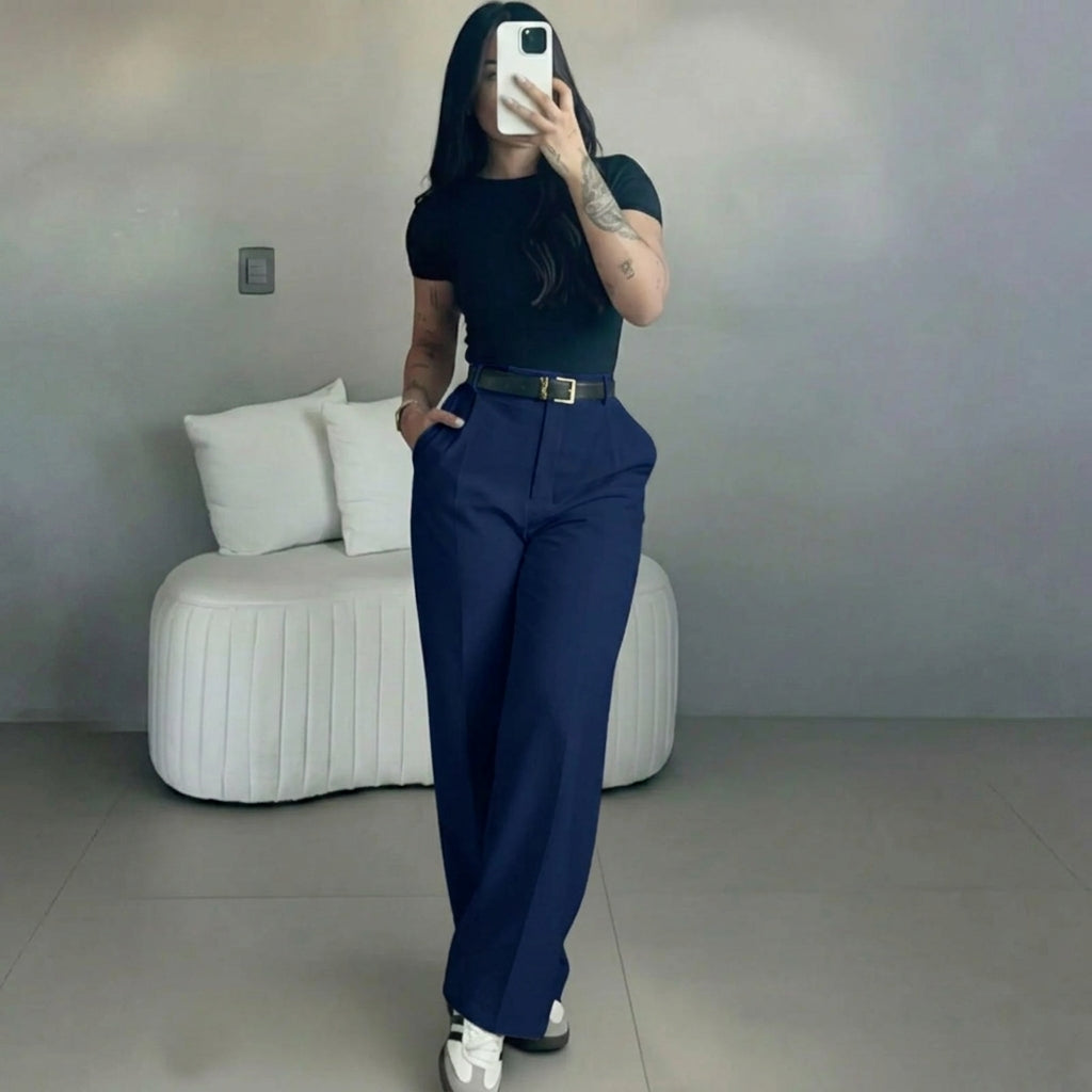 Damen-Hose mit hohem Bund und geradem Bein – fließende, elegante Anzughose mit lässigem Schnitt, für Büro und Alltag, mit figurformendem Effekt