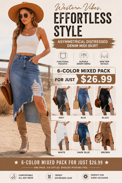 Western Asymmetrical Ripped Denim Midi Skirt with Pocket Women High‑low Distressed Irregular Raw Frayed Hem Casual Destroyed Cowgirl Jean Skirts Bottoms Clothes for Back To School Fashion Fall Pick