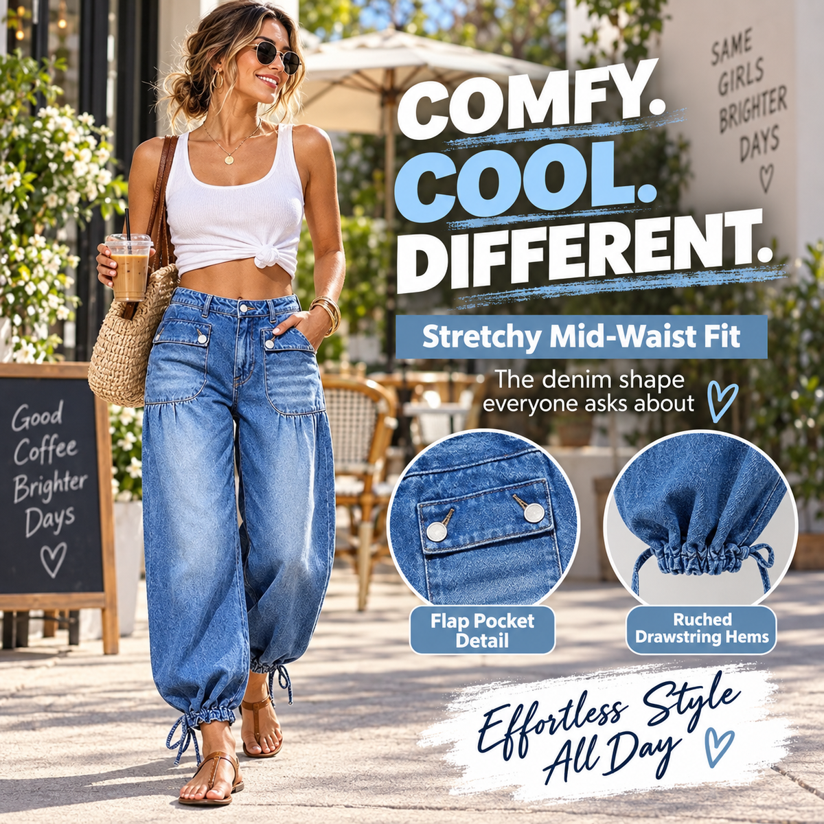 Women’s Relaxed Balloon Jeans – Stretchy Denim, Utility Pockets & Adjustable Drawstring Hems