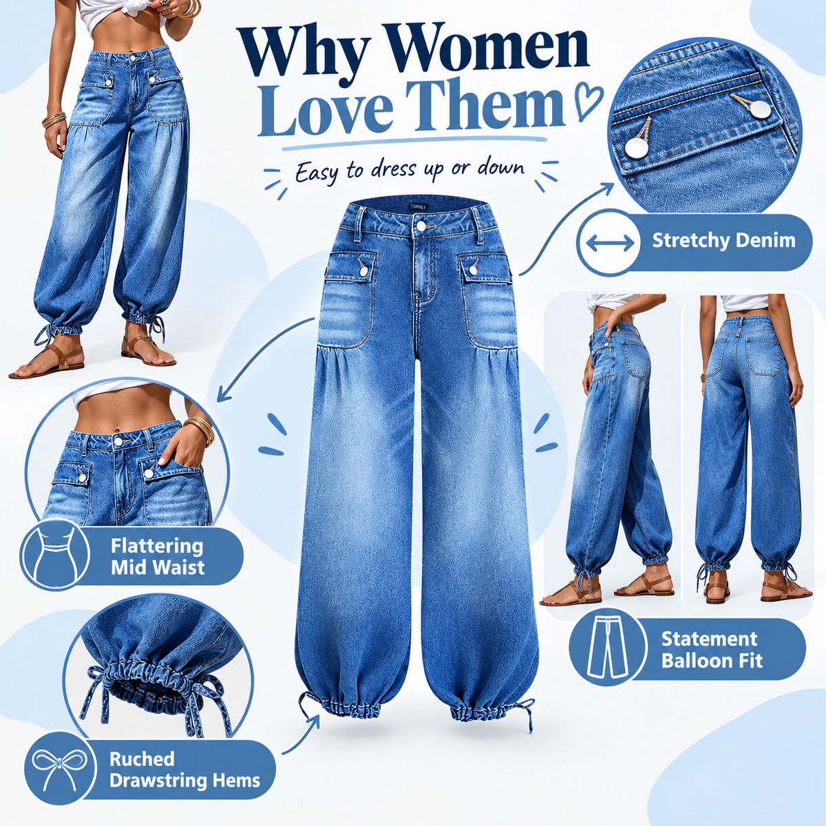 Women’s Relaxed Balloon Jeans – Stretchy Denim, Utility Pockets & Adjustable Drawstring Hems