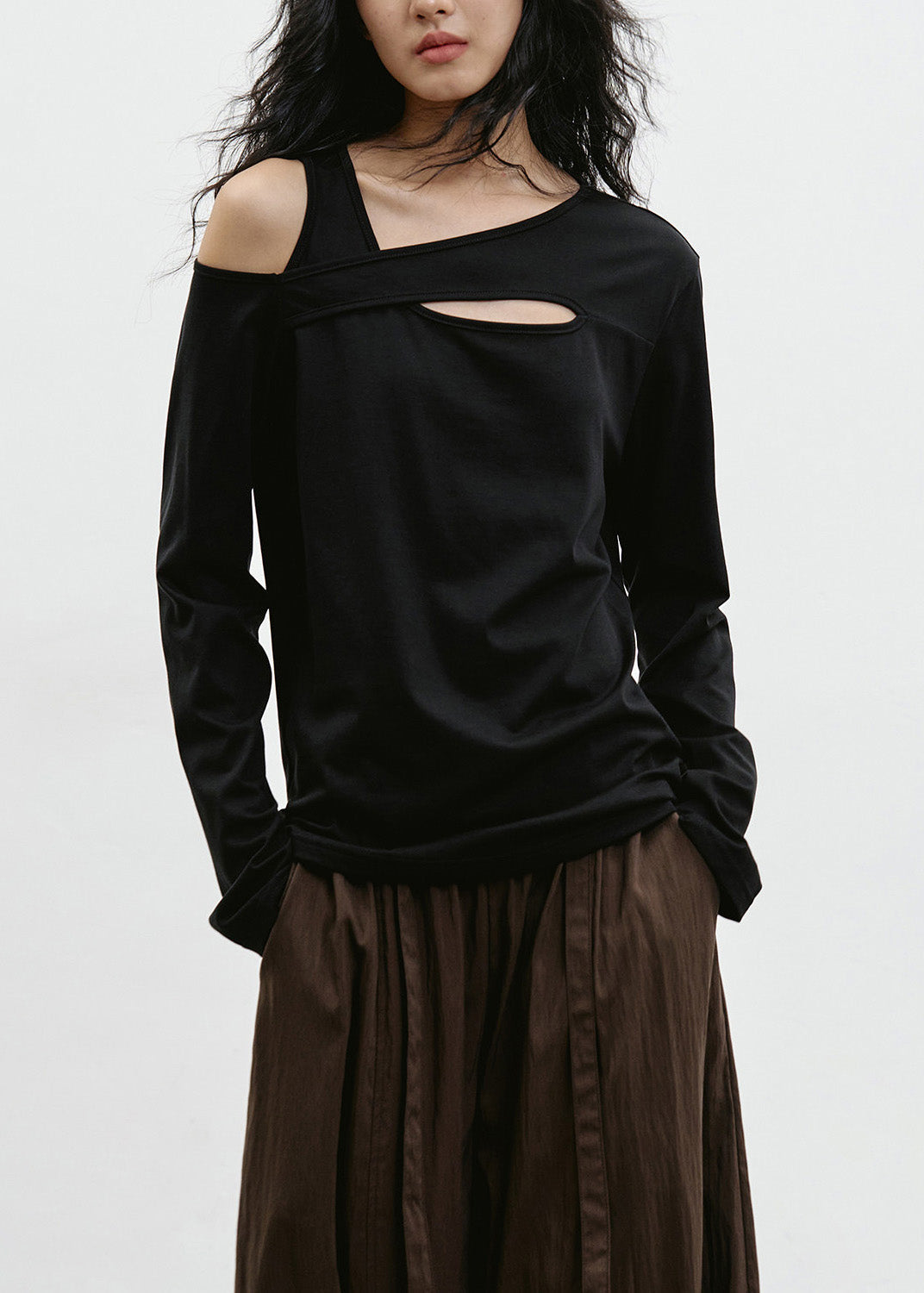 Black Cold Shoulder Patchwork Cotton T Shirt
