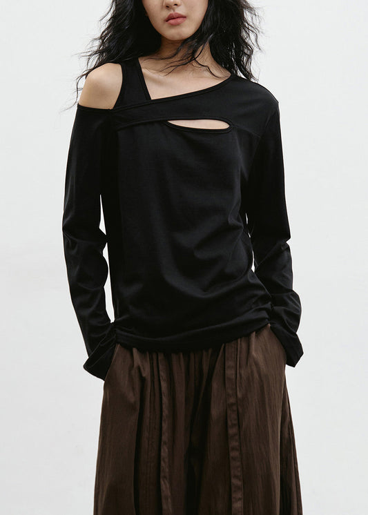 Black Cold Shoulder Patchwork Cotton T Shirt