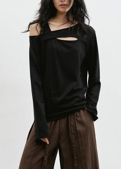 Black Cold Shoulder Patchwork Cotton T Shirt