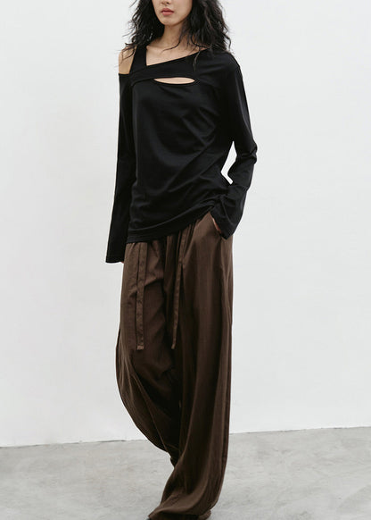 Black Cold Shoulder Patchwork Cotton T Shirt