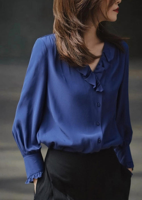 Blue Ruffled Draping Chiffon Blouses