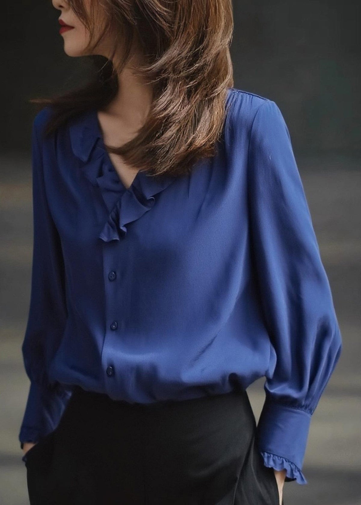 Blue Ruffled Draping Chiffon Blouses