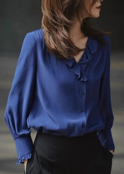 Blue Ruffled Draping Chiffon Blouses