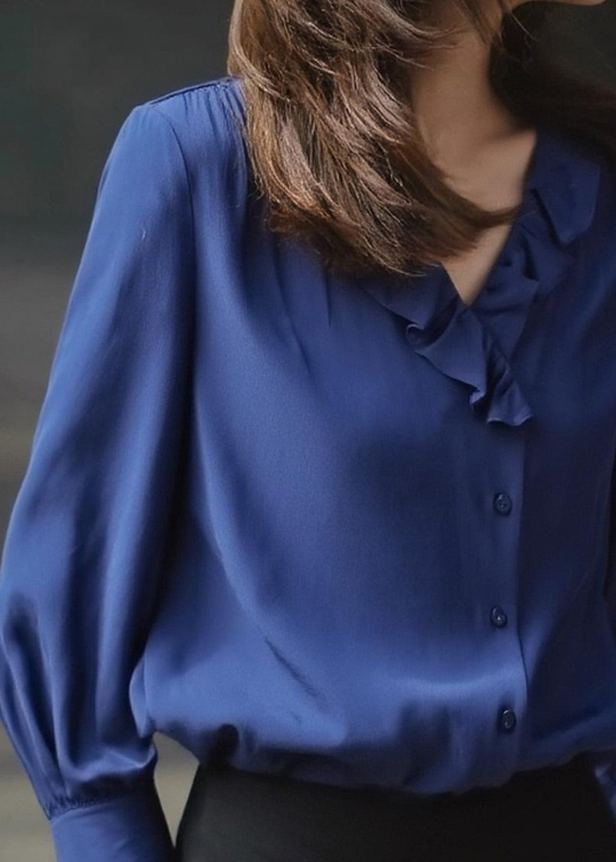 Blue Ruffled Draping Chiffon Blouses