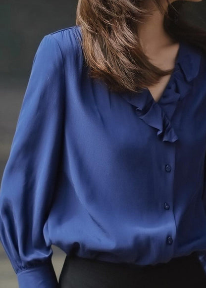 Blue Ruffled Draping Chiffon Blouses