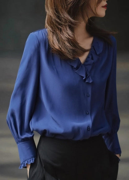 Blue Ruffled Draping Chiffon Blouses