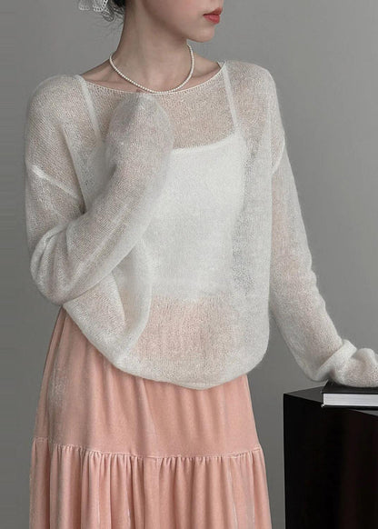 Classy White Hollow Out Knit Blouse