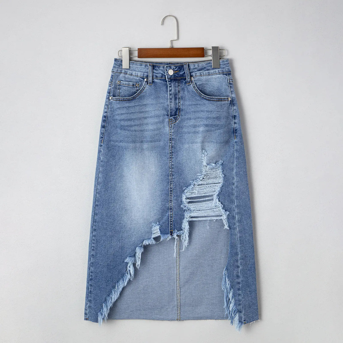 Western Asymmetrical Ripped Denim Midi Skirt with Pocket Women High‑low Distressed Irregular Raw Frayed Hem Casual Destroyed Cowgirl Jean Skirts Bottoms Clothes for Back To School Fashion Fall Pick