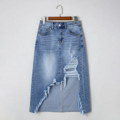 Western Asymmetrical Ripped Denim Midi Skirt with Pocket Women High‑low Distressed Irregular Raw Frayed Hem Casual Destroyed Cowgirl Jean Skirts Bottoms Clothes for Back To School Fashion Fall Pick