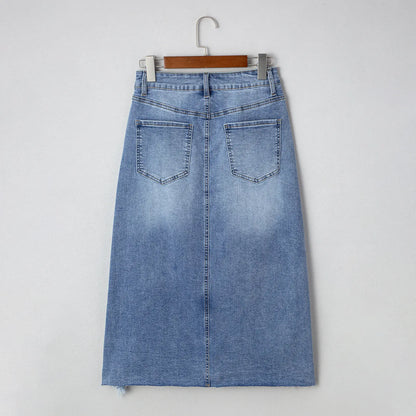 Western Asymmetrical Ripped Denim Midi Skirt with Pocket Women High‑low Distressed Irregular Raw Frayed Hem Casual Destroyed Cowgirl Jean Skirts Bottoms Clothes for Back To School Fashion Fall Pick