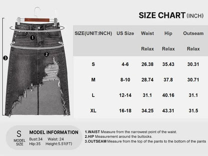 Western Asymmetrical Ripped Denim Midi Skirt with Pocket Women High‑low Distressed Irregular Raw Frayed Hem Casual Destroyed Cowgirl Jean Skirts Bottoms Clothes for Back To School Fashion Fall Pick