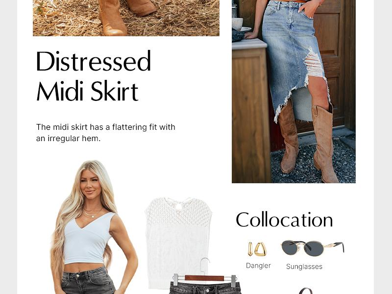 Western Asymmetrical Ripped Denim Midi Skirt with Pocket Women High‑low Distressed Irregular Raw Frayed Hem Casual Destroyed Cowgirl Jean Skirts Bottoms Clothes for Back To School Fashion Fall Pick