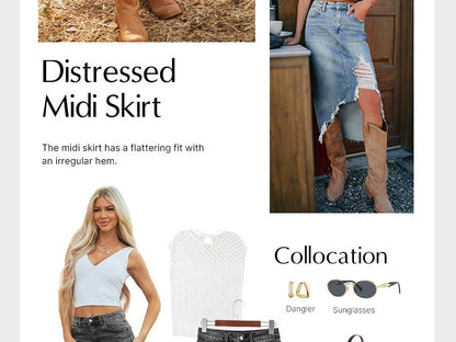 Western Asymmetrical Ripped Denim Midi Skirt with Pocket Women High‑low Distressed Irregular Raw Frayed Hem Casual Destroyed Cowgirl Jean Skirts Bottoms Clothes for Back To School Fashion Fall Pick
