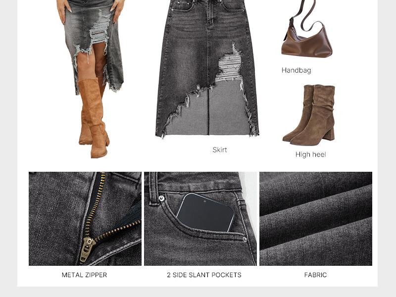 Western Asymmetrical Ripped Denim Midi Skirt with Pocket Women High‑low Distressed Irregular Raw Frayed Hem Casual Destroyed Cowgirl Jean Skirts Bottoms Clothes for Back To School Fashion Fall Pick