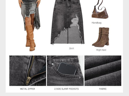 Western Asymmetrical Ripped Denim Midi Skirt with Pocket Women High‑low Distressed Irregular Raw Frayed Hem Casual Destroyed Cowgirl Jean Skirts Bottoms Clothes for Back To School Fashion Fall Pick