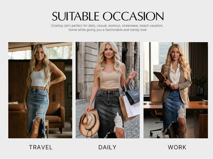 Western Asymmetrical Ripped Denim Midi Skirt with Pocket Women High‑low Distressed Irregular Raw Frayed Hem Casual Destroyed Cowgirl Jean Skirts Bottoms Clothes for Back To School Fashion Fall Pick