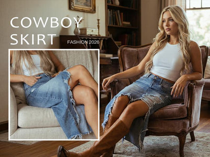 Western Asymmetrical Ripped Denim Midi Skirt with Pocket Women High‑low Distressed Irregular Raw Frayed Hem Casual Destroyed Cowgirl Jean Skirts Bottoms Clothes for Back To School Fashion Fall Pick