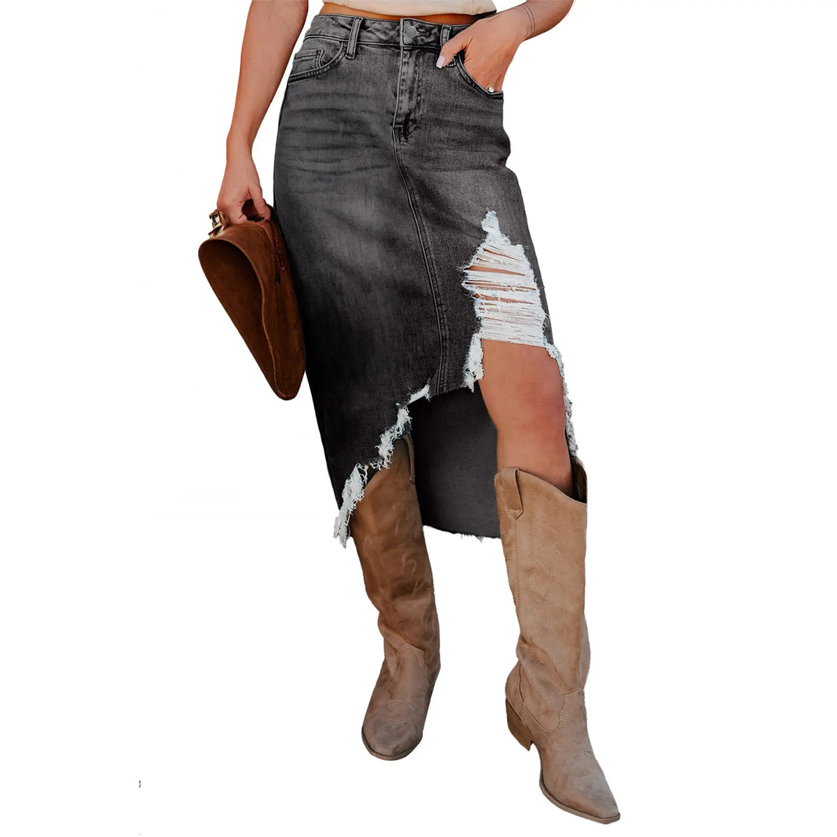 Western Asymmetrical Ripped Denim Midi Skirt with Pocket Women High‑low Distressed Irregular Raw Frayed Hem Casual Destroyed Cowgirl Jean Skirts Bottoms Clothes for Back To School Fashion Fall Pick
