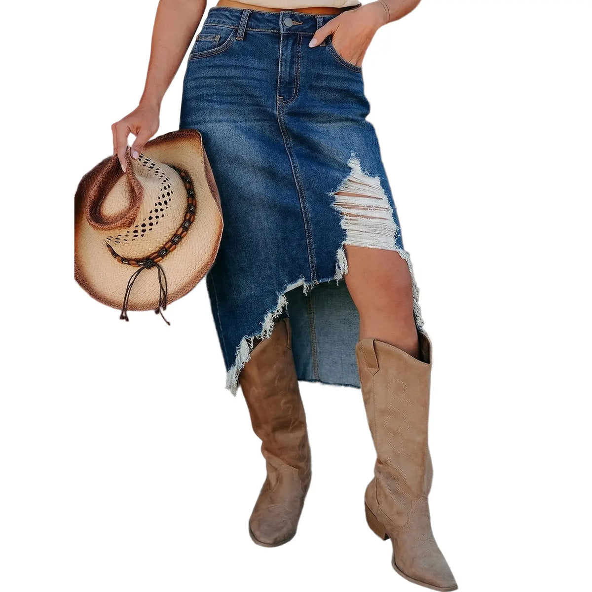 Western Asymmetrical Ripped Denim Midi Skirt with Pocket Women High‑low Distressed Irregular Raw Frayed Hem Casual Destroyed Cowgirl Jean Skirts Bottoms Clothes for Back To School Fashion Fall Pick