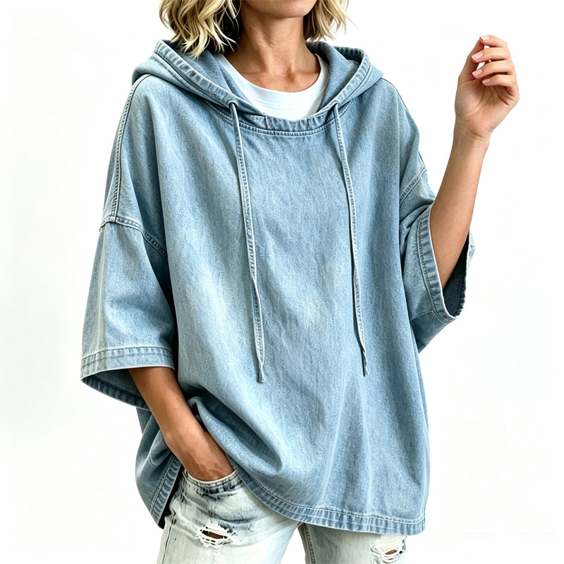 Lässiger, weit geschnittener Jeans-Kapuzenpullover für Damen