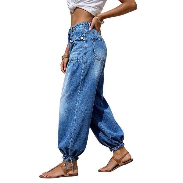 Women’s Relaxed Balloon Jeans – Stretchy Denim, Utility Pockets & Adjustable Drawstring Hems