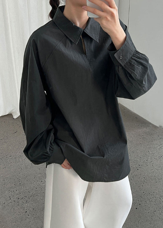 Dull Grey Cotton Loose Shirts Peter Pan Collar